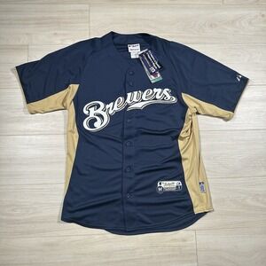 Milwaukee Brewers Jersey Mens Medium Navy Majestic Cool Base Authentic NEW EUC